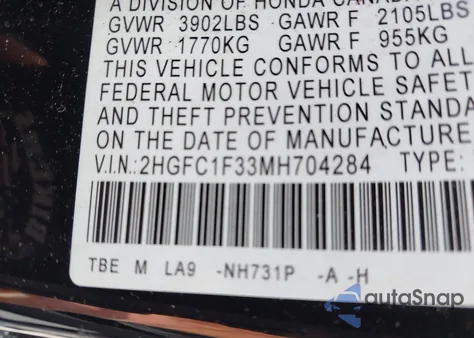 2021 Honda Civic Ex from USA, damaged, VIN 2HGFC1F33MH704284